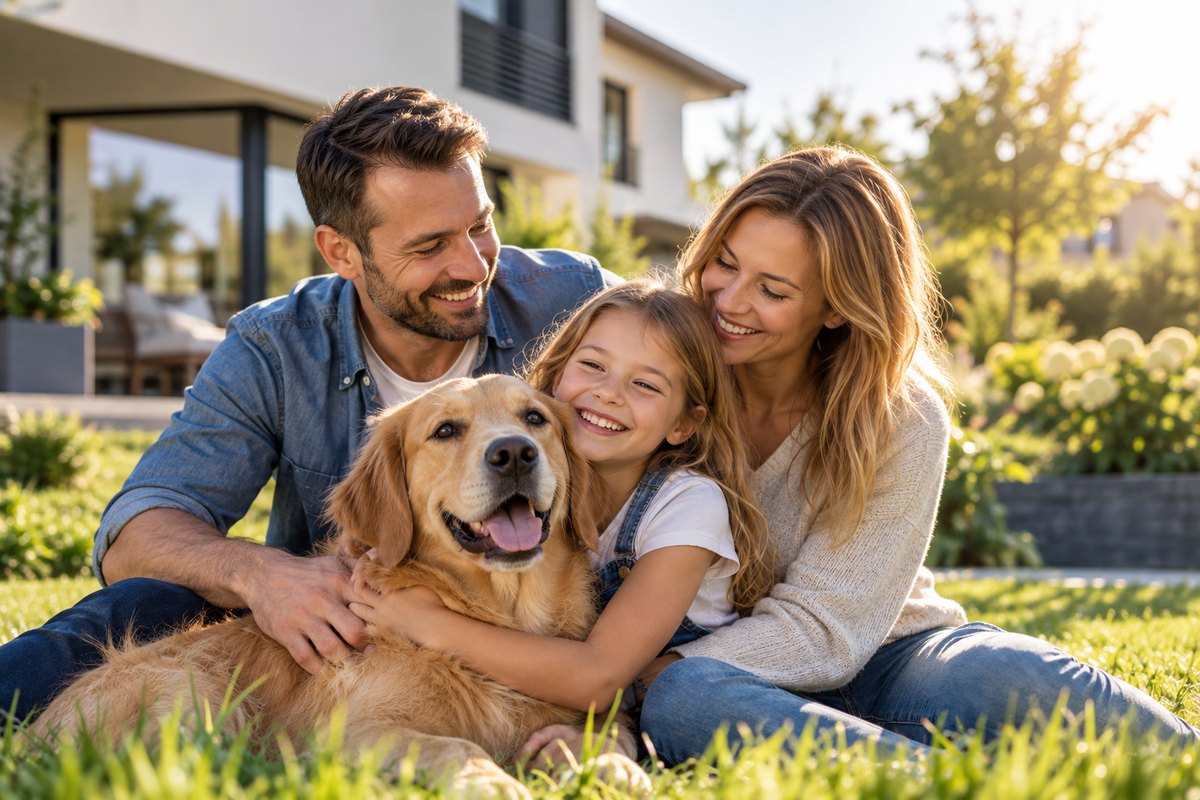 Familie mit Hund vor einem modernen Wohnhaus