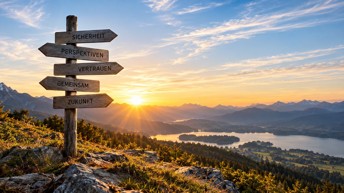Wegweiser in einer Berglandschaft mit Begriffen rund um Sicherheit und Zukunft